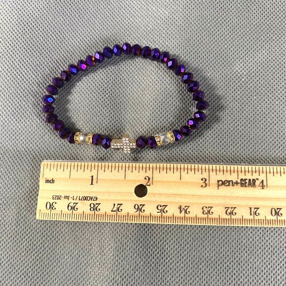 Metallic Iridescent Cross Charm Bracelet Trio Octagon Beads Multicolor Stretch - Picture 11 of 12